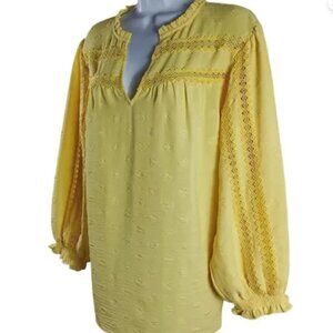 Cato Women 22/24W Butter Yellow Texture Top Long Sleeve Embroider Boho Peasant